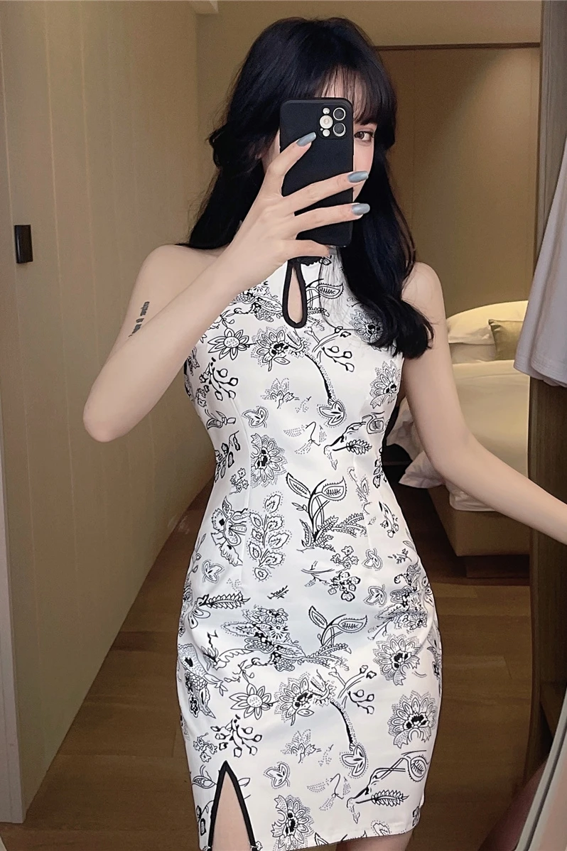 

COIGARSAM Cheongsam Print Women dress New Summer Vintage Dresses 62032