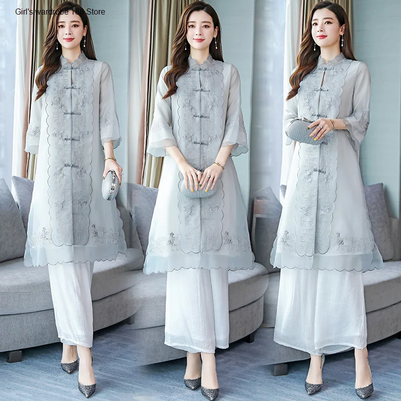 

style women's wide-leg pants set 2020 Spring and Autumn new ethnic style style top two-piece set