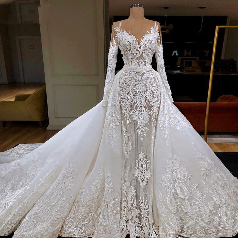 

detachable wedding dresses 2021 sexy long sleeve lace appliques vintage bridal dresses vestidos de noiva