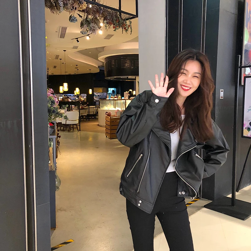 Korean Women PU Leather Jacket Oversized Chic Leather Biker Jacket Women Chaqueta Cuero Mujer Veste Cuir Femme