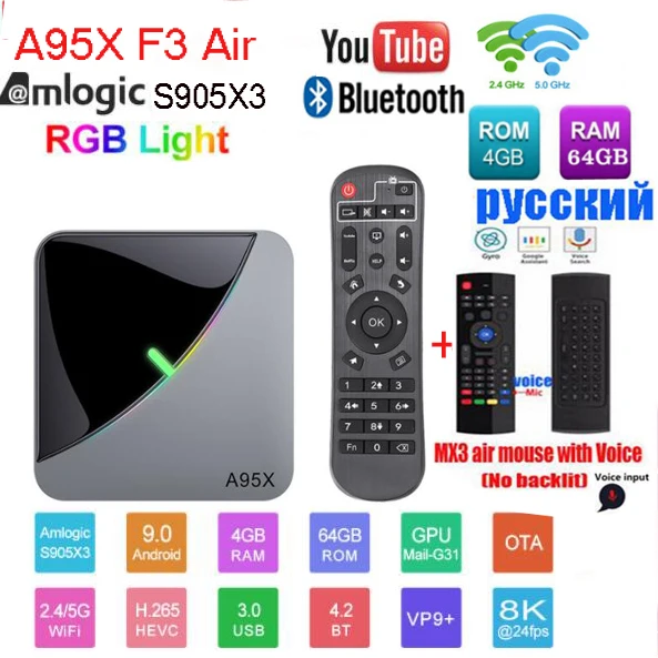 4G 64G MX3 VOICE Android 9,0 RGB светильник Smart tv Box Amlogic S905X3 USB3.0 1080P H.265 4K 60fps Wifi Google Play Netflix Youtube A95X F3 Air 8K - Цвет: 4G 64G MX3 VOICE