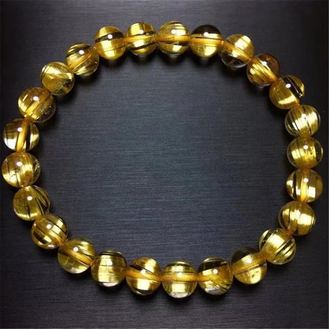 

7mm Top Natural Gold Rutilated Quartz Bracelet Jewelry For Women Man Healing Love Wealth Gift Crystal Round Beads Stretch AAAAA