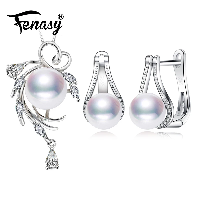 

FENASY 925 Sterling Silver Jewelry Sets Natural Pearl Stud Earrings Custom Bohemian Crystal Pendant Chain Necklace For Women