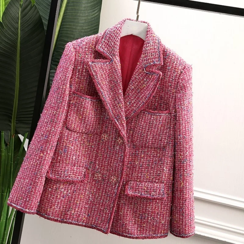 Женский твидовый пиджак с отложным воротником двубортный свободный жакет