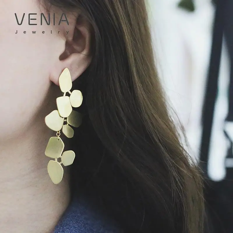 

AIOSC Exaggerated Irregular Flower Leaf Stud Earrings For Women Punk Gold Color Stainless Steel Big Long Earring Party Jewelry