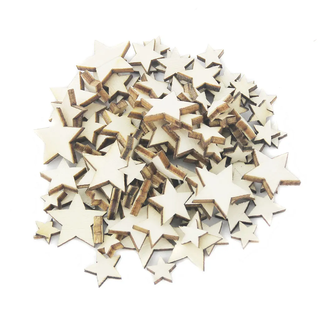 

100Pcs Assorted Size Natural Wood Star Plain Shabby Chic Craft Scrapbook