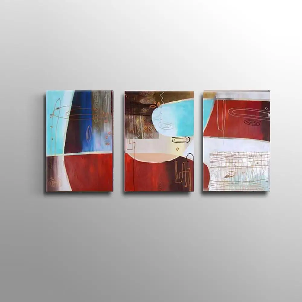 Ручная роспись 3 панели абстрактная картина маслом на холсте красный синий серый