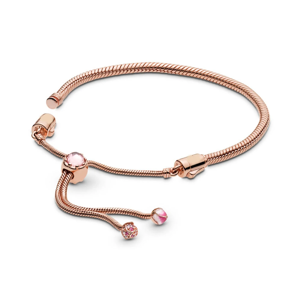 

100% 925 Sterling Silver Peach Blossom Sliding Bracelet Moments Bracelet Rose Flower Bracelet Fit Original Charms Diy Jewelry