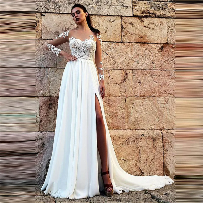

Scoop Long Sleeves Lace Appliques Sexy Split Side Wedding Dresses A-Line 2020 Long Backless Women Bridal Gowns Fashionable