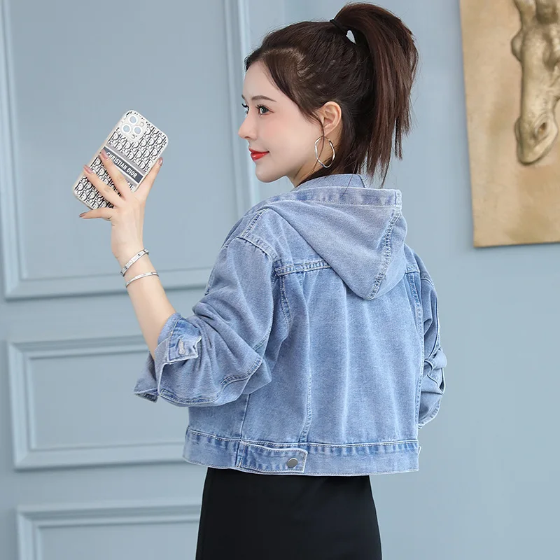 

2021 Ladies Spring Autumn Retro Student High Waist Cropped Women Hooded Short Denim Jacket Turn Down Collar Slim Jean Coat S022