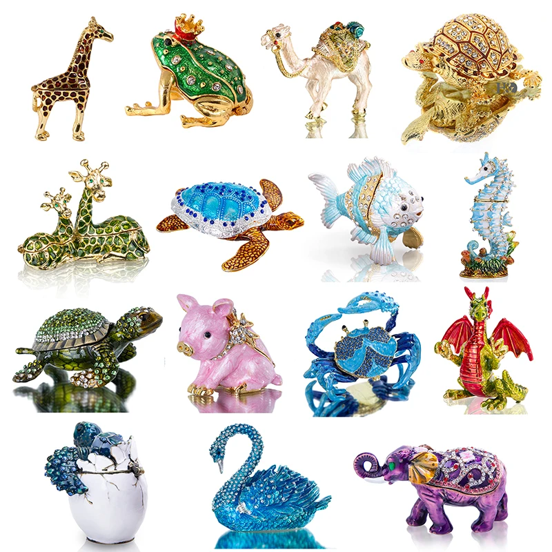 H&D 15 Styles Hand Painted Enameled Animal Figurines Hinged Jewelry Trinket Box Collectibles Ring Holder Case Home Decor Gift