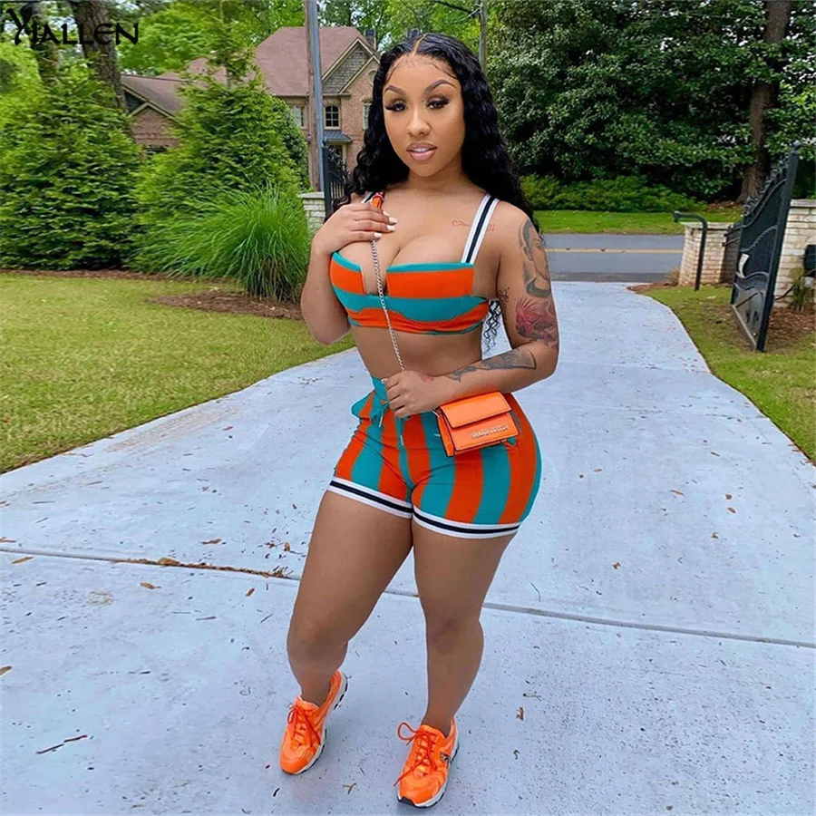 

Yiallen Striped Panelled Women Print 2 Piece Sets Sportswear Patchwork Sling Top+Biker Shorts Matching Set Athleisure Outfits