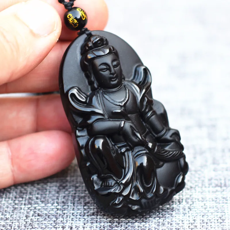 Женское ожерелье кулон черный обсидиан резные Гуаньинь Бодхисаттва подарок для