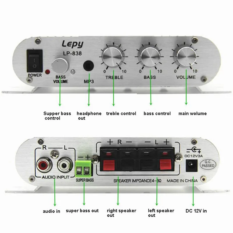 Фото Lepy LP-838BT Усилитель мощности Bluetooth 5.0 2.1 3-канальный усилитель звука Super Bass Audio с кабелем питания 12V3A и AUX №2