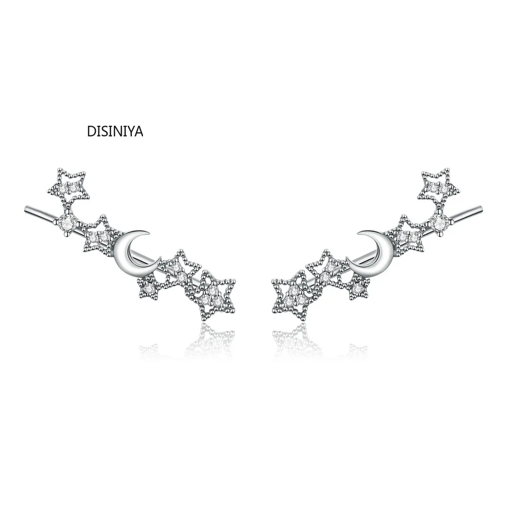 

Женские серьги-гвоздики со звездами и Луной из настоящего серебра 925 пробы DISINIYA, серебряные ювелирные изделия 2021, серьга Brincos ESCE28926
