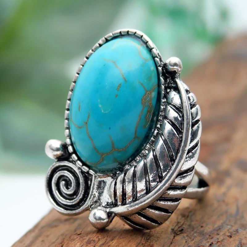 

Bohemian Style Exquisite Simple Turquoises Ring Creative Plant Leaf Element Ring Ladies Jewelry Party Accessories Best Gift