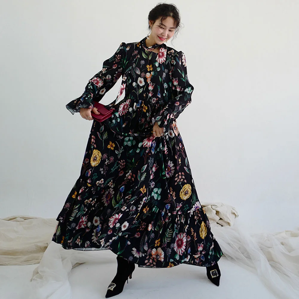 Женское платье с цветочным принтом Boho винтажное черное элегантное макси длинным