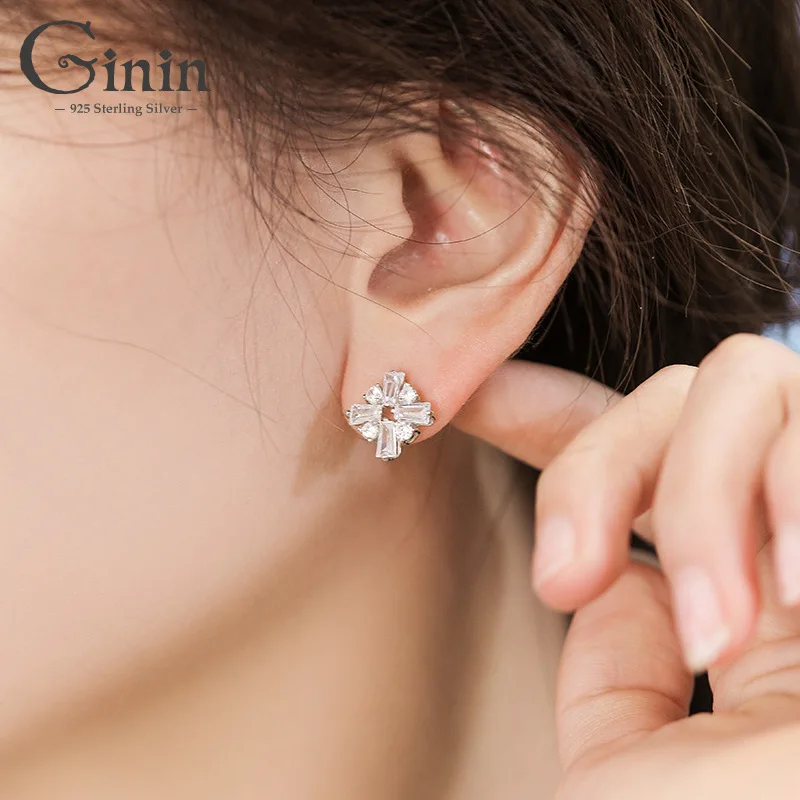 

Ginin Authentic 925 Sterling Silver Geometric Square Flower Shiny Zircon Stud Earrings For Women Fashion Engagement Gift Jewelry