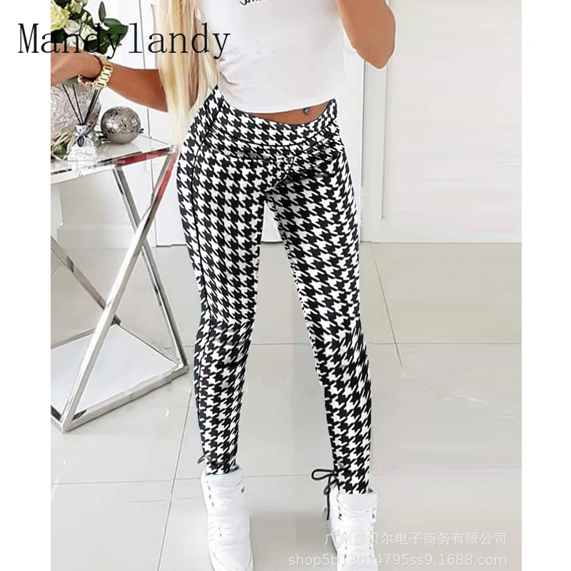 

Длинные брюки Mandylandy, летние модные обтягивающие брюки-карандаш со средней талией, женские повседневные облегающие брюки с рисунком «гусины...