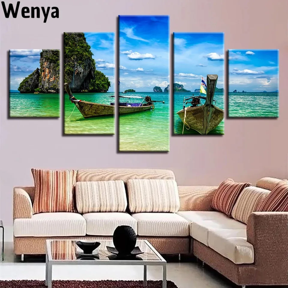

Home Decoration Painting Wall Art Print Picture 5 Pieces Island Boat Seascape Canvas Painting Room Decoration Poster Harry Style