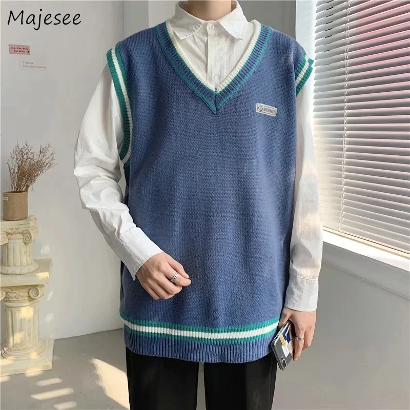 

Sweater Vest Men Striped V-neck Chic Patch Designs Classic Japanese Style Harajuku College Young Loose Leisure Trendy Retro Cozy