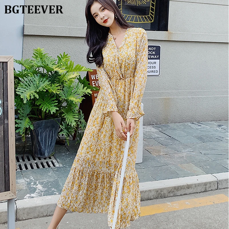 Женское винтажное платье-миди BGTEEVER теплое желтое шифоновое платье с цветочным