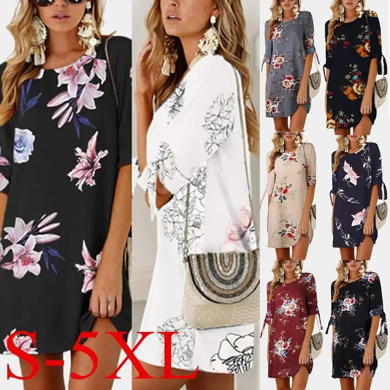 

Женское платье с цветочным рисунком в стиле «Бохо туника с круглым вырезом в виде сердца мини-платье шифон Пляжное платье Длинные Топы Блуз...