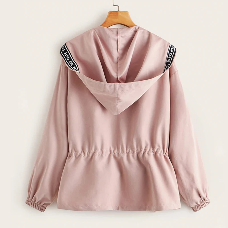 Dotfashion, повседневная женская куртка с капюшоном и завязками на талии, осень, с буквенным принтом, Лоскутная Верхняя одежда, женские куртки на молнии
