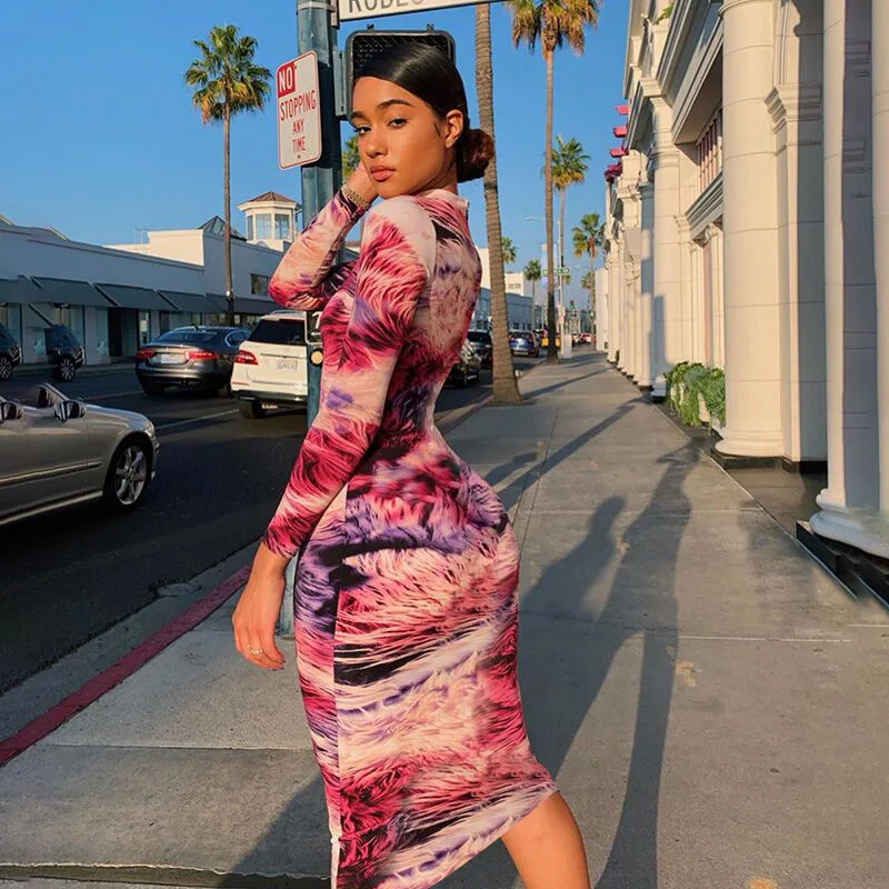 Облегающее облегающее платье миди с модным принтом женское длинным рукавом