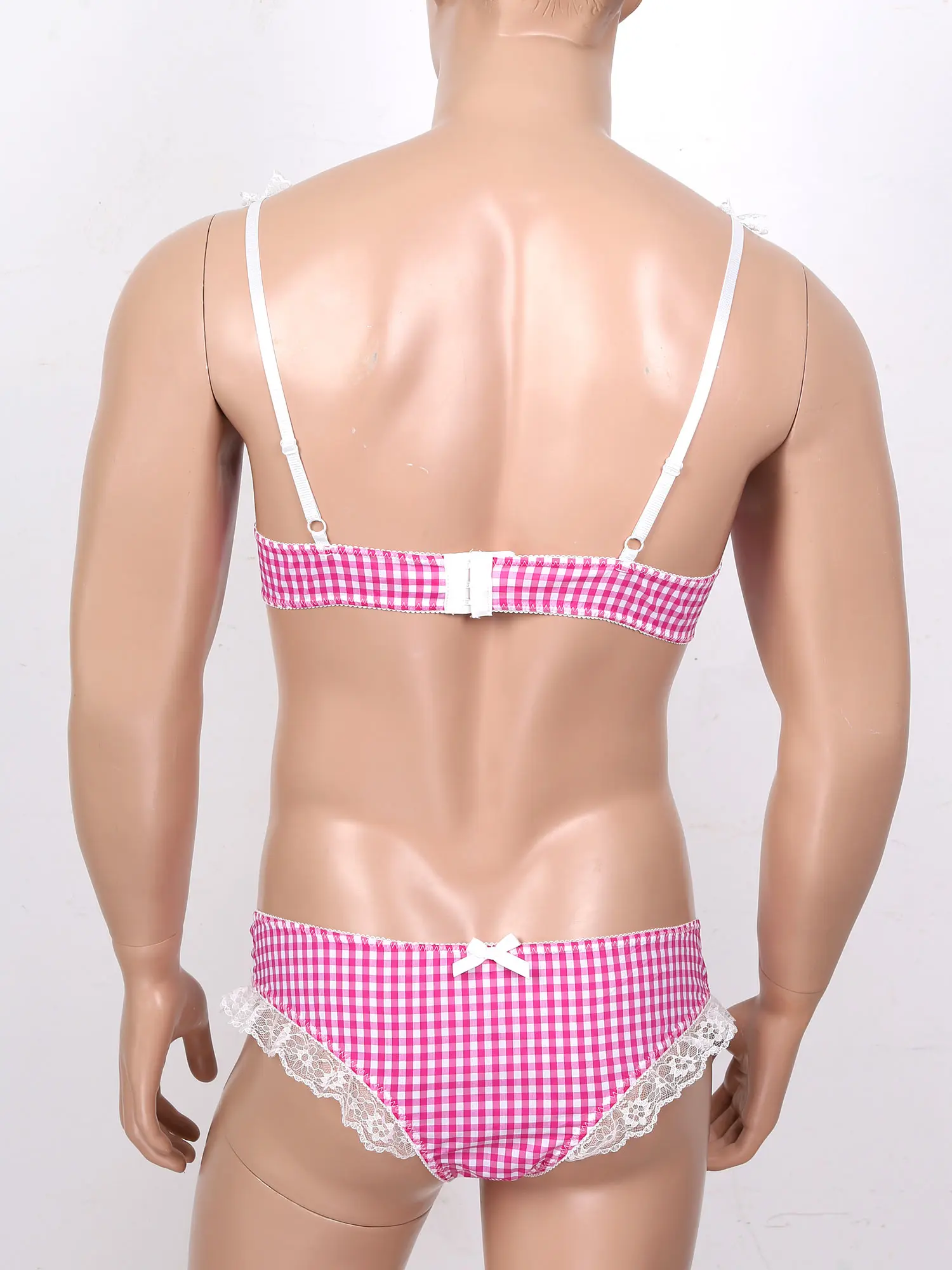 

Mens Sissy Crossdresser Lingerie Set Adjustable Spaghetti Strap Bowknot Tops with Briefs Plaid Lace Trim Sleepwear Nightwear