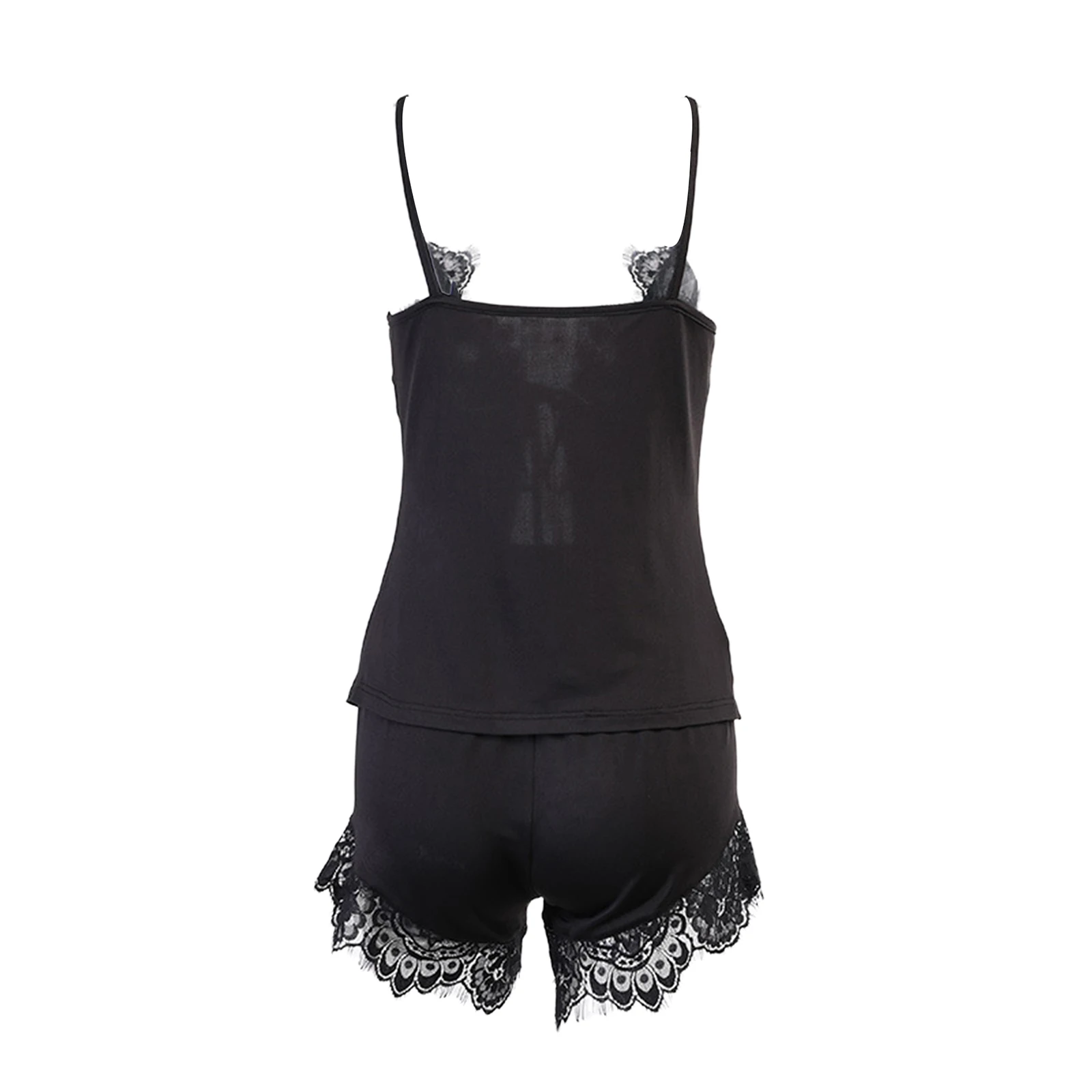 

2Pcs Women Sexy Lace Trim Outfits Adults Casual Sleeveless Tie Up Tank Top Sleepwear + Shorts Clothes Exotic Set