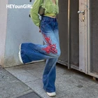 HEYounGIRL печатные синие джинсы с высокой талией, штаны Летние повседневные Прямые джинсовые брюки для женщин в стиле хип-хоп, модная уличная одежда с карманом