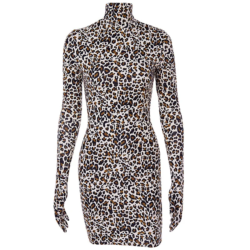 

Women Leopard Dress with Gloves European and American Sexy Wild Leopard Long-sleeved Slim Fit Pencil Dress Nightclub Mini Dress