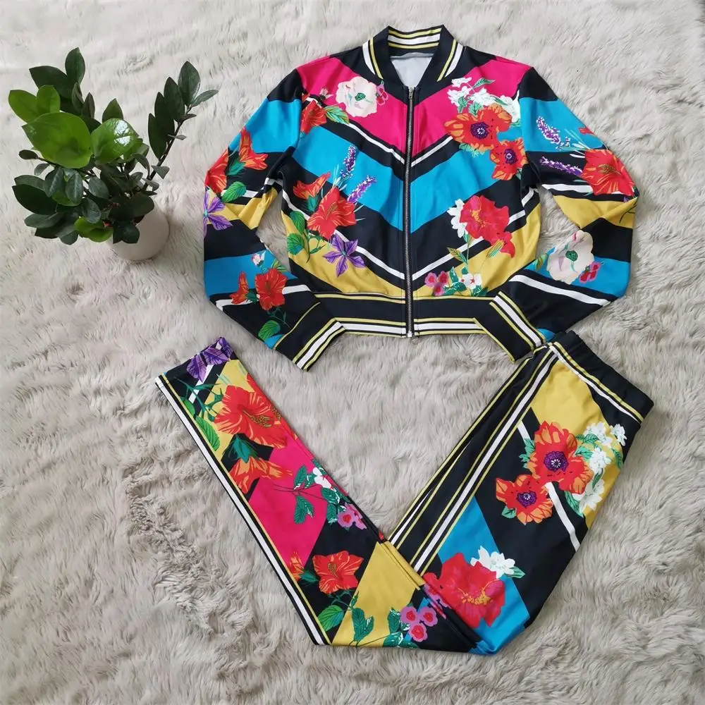 

Coolhappy 2021 Women's Fashion Digital Printed Casual Multi Colour Flower Two Pieces Set Zipper Jacket With Elastic Pants