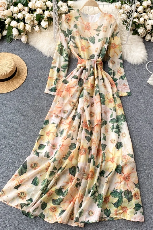 

SuperAen 2021 French Retro Gentle O Neck Full Print Lace Up Waist Chiffon Dress for Women