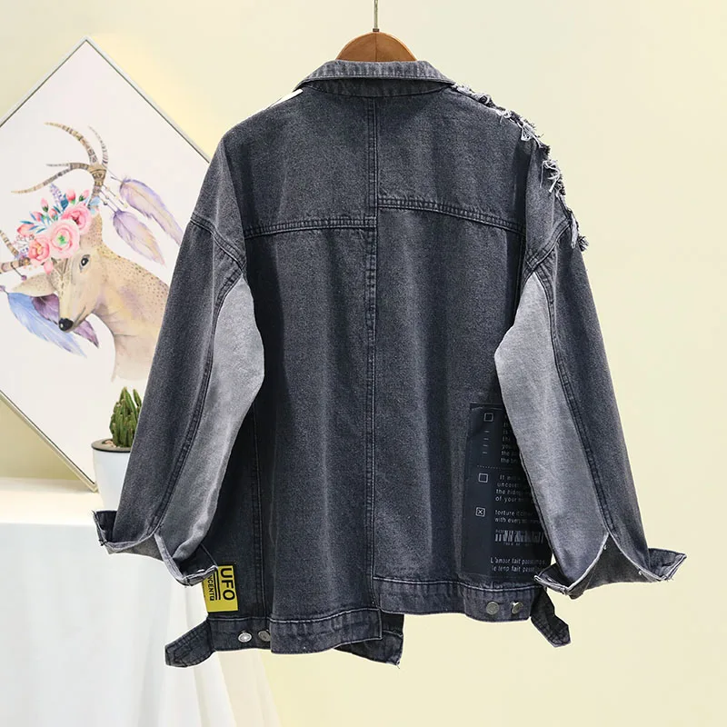 

2020 Autumn New Women Jacket Vintage Denim Jacket Appliques Newspaper Pattern Jeans Jacket Basic Coats Streetwear Outwear P943