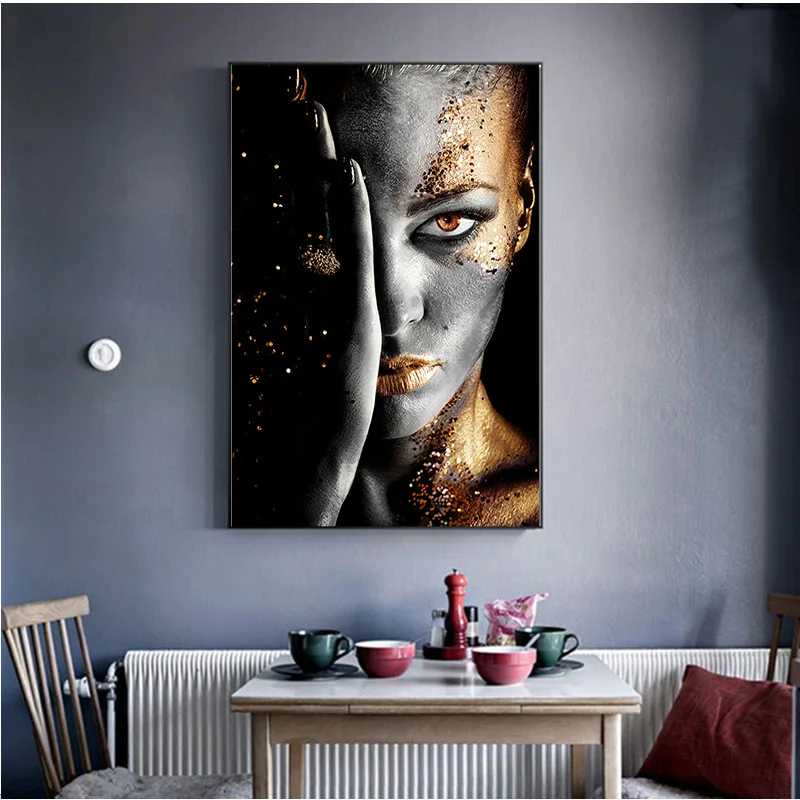

Black And Gold African Woman Canvas Paintin Scandinavian Wall Art Posters And Prints Pictures For Living Room Decoration