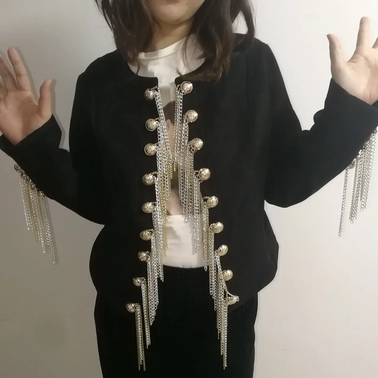 

Spring Autumn Women Jacket Double-breasted Metal Chain Short Coat Black Slim Tassel Casual Suit Jackets