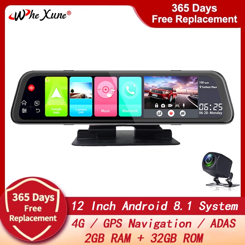 

WHEXUNE Android 8.1 Car DVR 12 Inch 4G Dash Camera ADAS FHD 1080P Car Video Recorder Dual Lens GPS WiFi Dash Cam Rearview Mirror