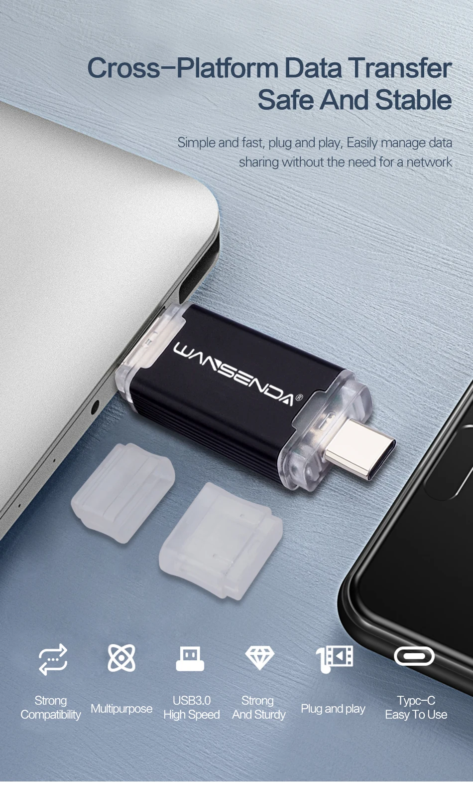 WANSENDA 2 в 1 TYPE-C USB3.0 USB флеш-накопители 256 ГБ 128 Гб 64 ГБ 32 ГБ 16 ГБ флеш-накопитель для Android/PC Внешний usb-накопитель