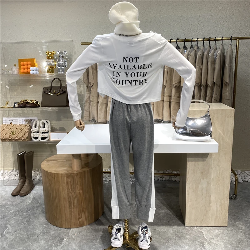 

New Sports suit solid color short loose long sleeve coat + slim small sling + high waist color casual pants 3 sets