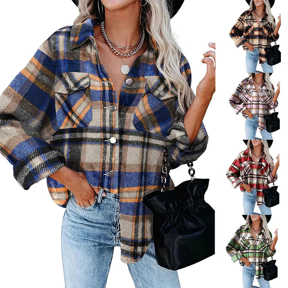 

2021 Autumn Winter New Fashion Plaid Wool Blends Thick Coats Long Sleeve Jackets Female Pocket Tops Casual Streetwear Clothing