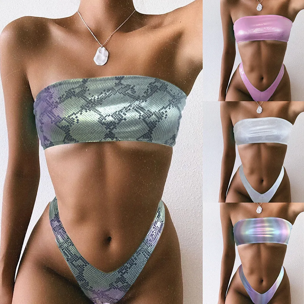 Комплект бикини без бретелек со змеиным принтом женский купальник с пуш-ап и