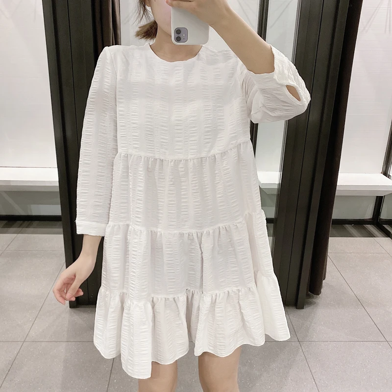 Женское повседневное однотонное платье свободное с круглым вырезом и