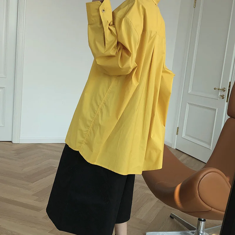 Женская хлопковая рубашка с длинным рукавом желтого цвета | одежда