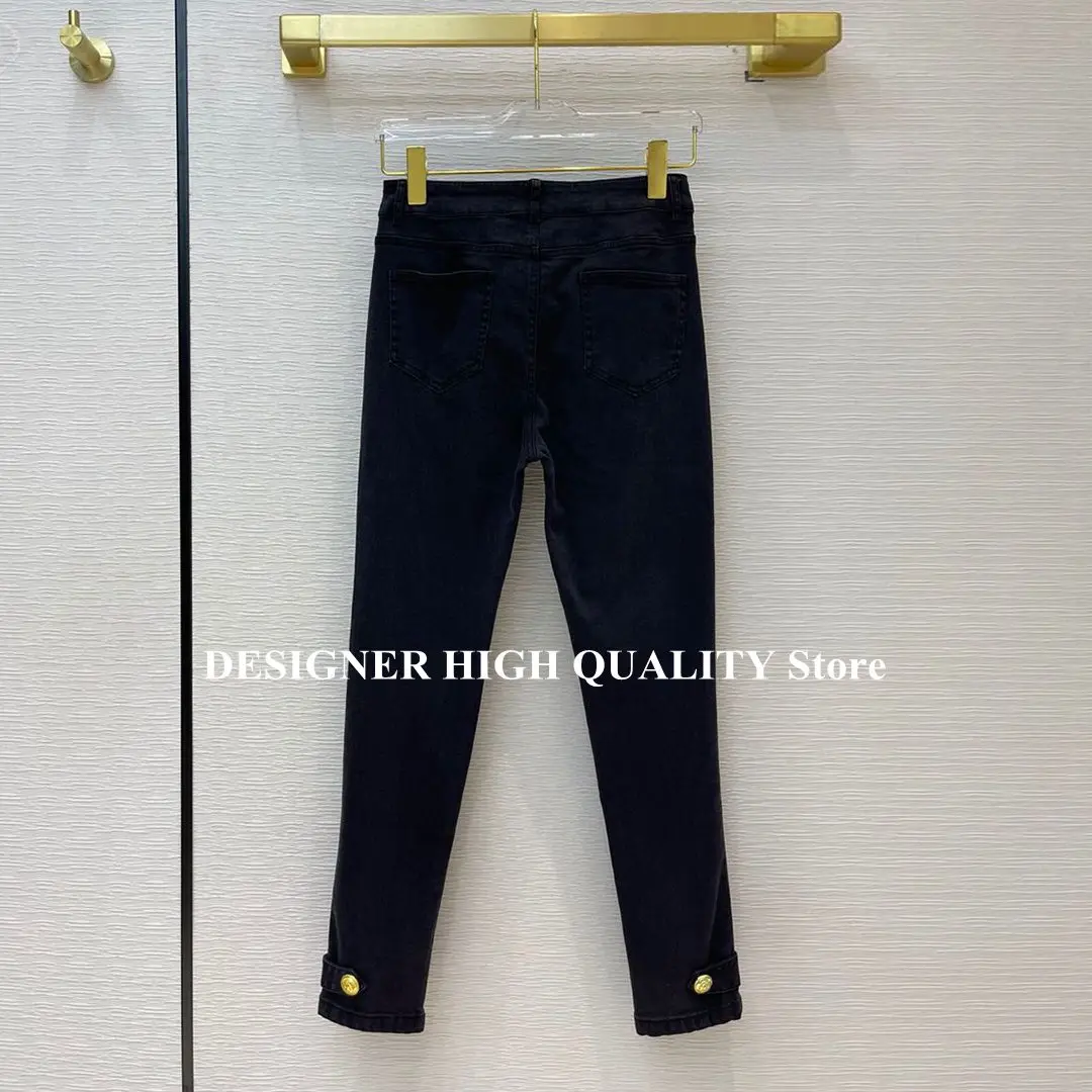 Streetwear All-matched Skinny Pencil Jeans Women 2021 New Fashion Gold Buttons High Waist Fashion Ankle Length Black Denim Pants