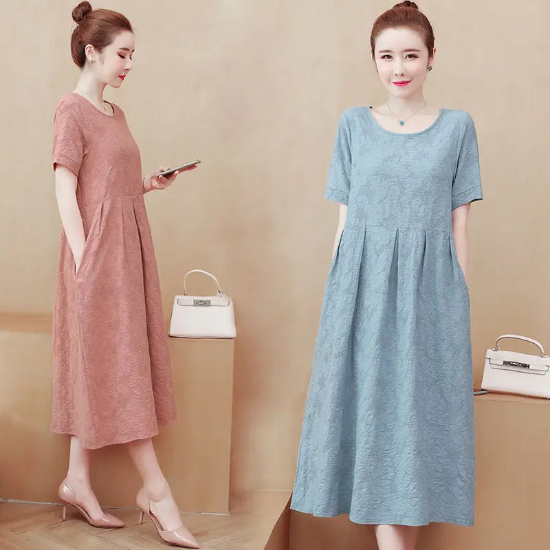 

Large size women's cotton and linen jacquard dress 2021 summer dress with aging foreign style casual solid color short sleeve MI