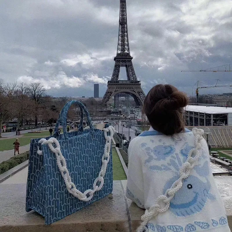 Сумка-тоут женская из денима вместительная сумочка для покупок с принтом на