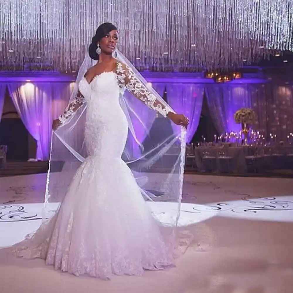 

Mermaid Wedding Dress African Plus Size Wedding Dresses F The Shoulder Long Sleeves Lace Vestido Bride Bridal Gown