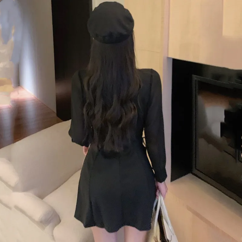 Женское платье-блейзер с длинным рукавом черное Сетчатое лоскутное повседневное